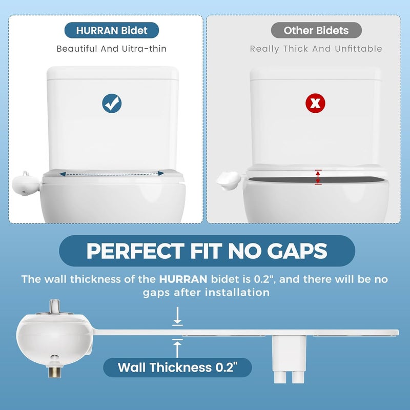 Hurran Ultra-Slim Bidet Attachment for Toilet, Retractable Dual Nozzles for Hygienic Posterior & Feminine Wash, Non-Electric with Adjustable Cold Water Pressure, Stainless Steel Inlet (Blue/White) - Image 5